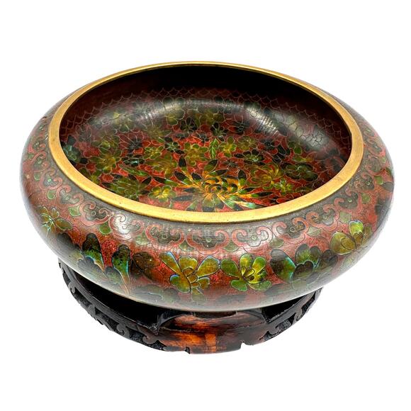 Vintage Chinese Cloisonne Enamel Bowl with Carved Lacquer Wood Stand - Picture 1 of 13